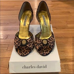 Charles David Leopard Satin Heels